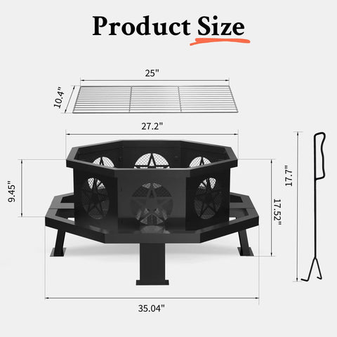 Diagram showing 35 inch octagonal wood burning fire pit with rectangular cooking grill dimensions.