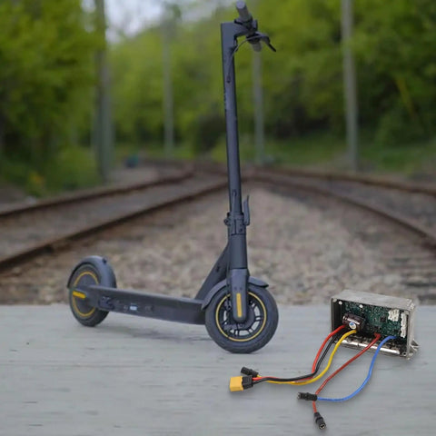 Replacement Main Controller Board for Ninebot Max Electric Scooter displayed with scooter near railway