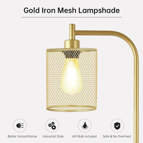 Tall Gold Floor Lamp With Iron Mesh Lampshade 67 Inch LED Standing Lamp Brass Base 6W Energy Efficient Lighting Detail