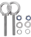 Pro Grade Stainless Steel Eye Bolt M10x60 With Nut And Flat Washer Long Reach Threaded Rigging Gear showing two eye bolts and accessories.