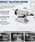 Solid Build Lathe Tailstock With Mt3 Taper And Rotary Live Center 40mm Stroke 40Cr Spindle Side Lock Clamp For Cnc Machining Shop shown with dimensions and features.
