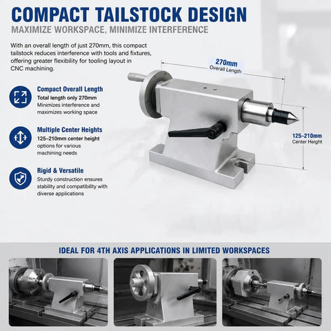 Solid Build Lathe Tailstock With Mt3 Taper And Rotary Live Center 40mm Stroke 40Cr Spindle Side Lock Clamp For Cnc Machining Shop shown with dimensions and features.