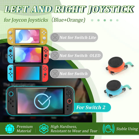 Image showing 2 Pack 3D Analog Joysticks For Switch 2 Joy Con Replacement Kit Anti Drift Thumbsticks Repair Set, blue and orange versions