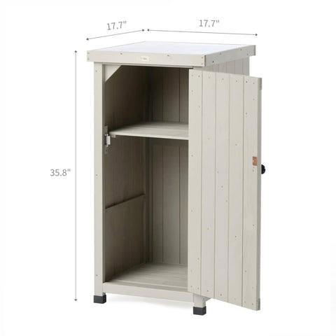 Backyard Ready Weatherproof Outdoor Storage Cabinet With Potting Bench Table Shelves And Rust Proof Metal Top For Patio And Garden Easy Assembly With Numbered Parts Water Seal Coating Wooden Planting Work Station shown with open door and shelf.