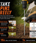Demonstration of using 15 Pack 8 Inch Heavy Duty Screw In Tent Stakes Drill In Ground Anchor Pegs with hex head driver in dirt.