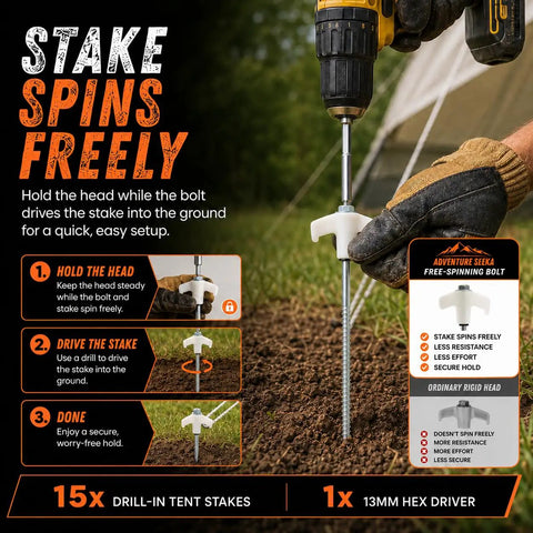 Demonstration of using 15 Pack 8 Inch Heavy Duty Screw In Tent Stakes Drill In Ground Anchor Pegs with hex head driver in dirt.
