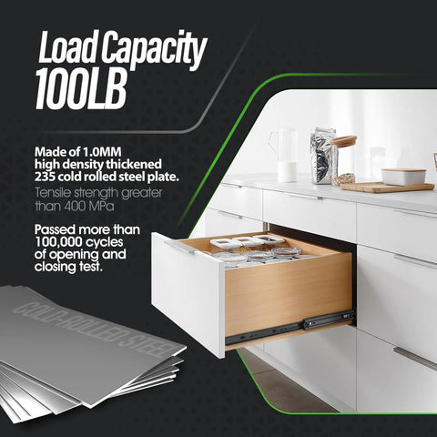 Super Smooth Full Extension Drawer Slides Pair Solid Side Mount Ball Bearing Glides Built Tough Cabinet Rails Dresser Hardware 12 Inch 100 Lb Capacity Black with opened drawer showing storage.