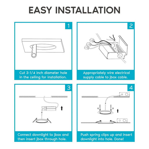 Ultra Thin 3 Inch LED Recessed Light Kit With Junction Box 8W Dimmable Wafer Downlight 5 Color Temps 2700K 3000K 3500K 4000K 5000K 540 Lumens ETL Listed Energy Star IC Rated 4 Pack