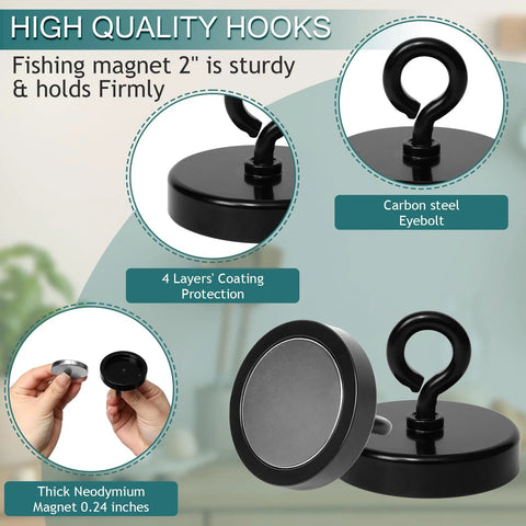 Neosmuk black 2-inch neodymium fishing magnet with carbon steel eyebolt for lifting and pickup