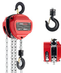 CREWORKS red manual hand chain hoist, 1-ton capacity, steel chain, dual hooks (front view)