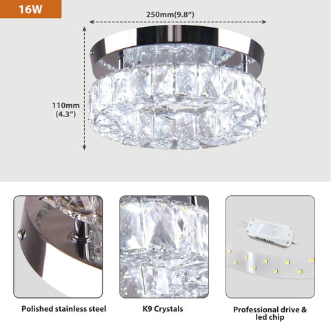 Crystal Flush Mount Ceiling Light With Oversized 30x50 mm K9 Crystals And Stainless Steel Finish LED Round Mini Chandelier