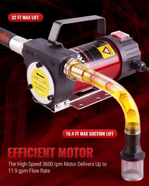 No Sweat Diesel Transfer Pump With 12v Dc Motor And Self Priming Build, showcasing the motor and hose, ideal for fluid transfer.