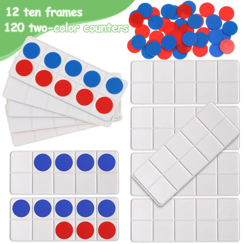 12 Sets Plastic Ten Frames For Classroom Math Manipulatives With 120 Red And Blue Counters, Durable Washable Learning Tools