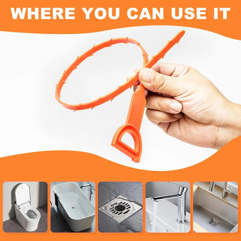 4 Pack 20 Inch Flexible Drain Snake Clog Remover Kit With Grip Handle For Hair And Debris In Sink Shower Tub And Toilet Easy To Use Drain Opener For Kitchen And Bathroom No Sweat Blockage Buster, orange flexible snake in hand