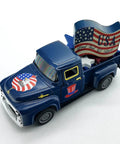 Blue All American Patriotic Metal Pickup Truck Ornament For Tiered Tray Decor And Tabletop Centerpiece with USA flag detail