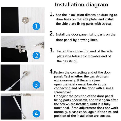 Installation diagram for 2 Pack 120N Gas Spring Strut Shocks For Cabinets And Toy Boxes, showing step-by-step setup process.
