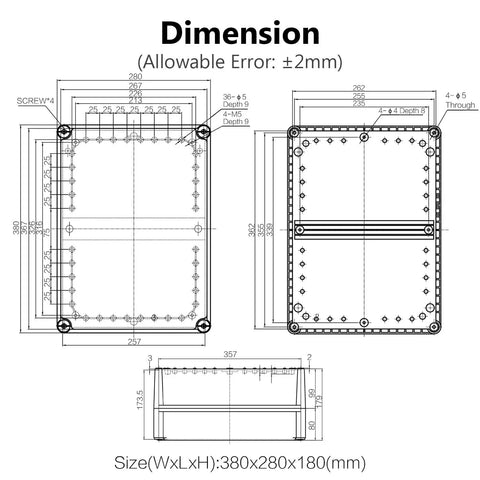 IP67 Waterproof Junction Box Outdoor Enclosure Made From Durable ABS Plastic dimensions 15 x 11 x 7 inches diagram