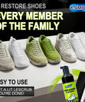 Premium Sneaker Cleaning Kit With Foam Shoe Cleaner For White Shoes And All Materials Like PU Synthetic Leather Canvas displayed with shoes.