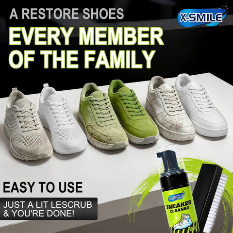 Premium Sneaker Cleaning Kit With Foam Shoe Cleaner For White Shoes And All Materials Like PU Synthetic Leather Canvas displayed with shoes.