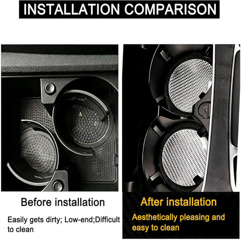 Installation comparison of Tesla Cybertruck Cup Holder Coasters 2 Pack Waterproof Anti Slip Interior Panels Shield Against Spills And Scratches Game Changer Fit 2023 To 2025 Models.