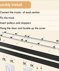 Diagram showing assembly of Low Profile 12 Foot Double Barn Door Hardware Kit In Aluminum Alloy Box Rail Track For Wooden Doors Smooth Silent Sliding With Shock Absorbing Rollers Noiseless Operation Easy To Install Black Finish Hardware Only.