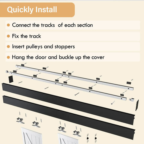 Diagram showing assembly of Low Profile 12 Foot Double Barn Door Hardware Kit In Aluminum Alloy Box Rail Track For Wooden Doors Smooth Silent Sliding With Shock Absorbing Rollers Noiseless Operation Easy To Install Black Finish Hardware Only.