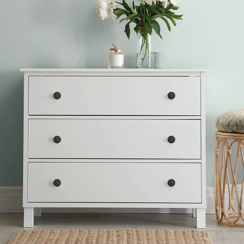 White dresser with 10 Pack Black Round Cabinet Knobs For Kitchen Cabinets, Dressers, Drawers, And Closet Doors, 1-1/5 Inch Single Hole Pulls