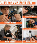 Collage showing All-In-One Wire Stripper Tool 5 In 1 Pro Grade Pliers used in repair car wiring, electrical engineering, moto repair