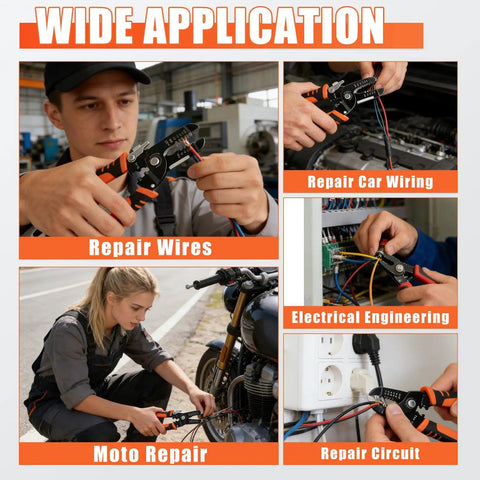 Collage showing All-In-One Wire Stripper Tool 5 In 1 Pro Grade Pliers used in repair car wiring, electrical engineering, moto repair