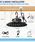 Installation guide for Ultra Bright 200W UFO LED High Bay Light With 30000 Lumens At 5000K 150LM/W DLC And ETL Listed.