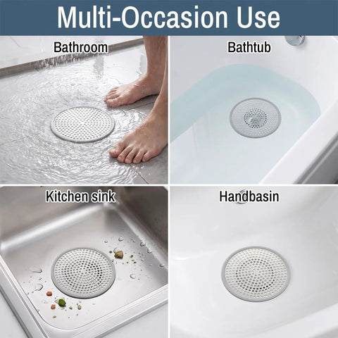 Stainless Steel Shower Drain Strainer And Kitchen Sink Hair Catcher Filter For Bathroom Plumbing Clog Prevention Solid Two Pack Set shown in bathroom, bathtub, kitchen sink, and handbasin.
