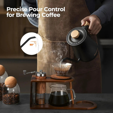 Gooseneck Electric Kettle With Precision Temperature Control Within One Degree Fahrenheit 1200W Rapid Boil In Five Minutes Keeps Warm Six Hours 304 Stainless Interior BPA Free Black pouring hot water over coffee.