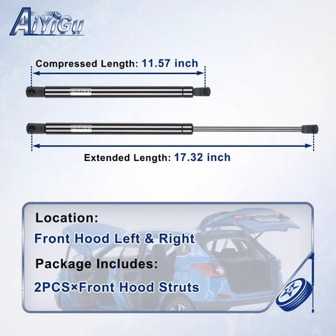 Heavy Duty Front Hood Struts Gas Springs Shocks For Ford F 250 F 350 F 450 F 550 showing compressed and extended lengths