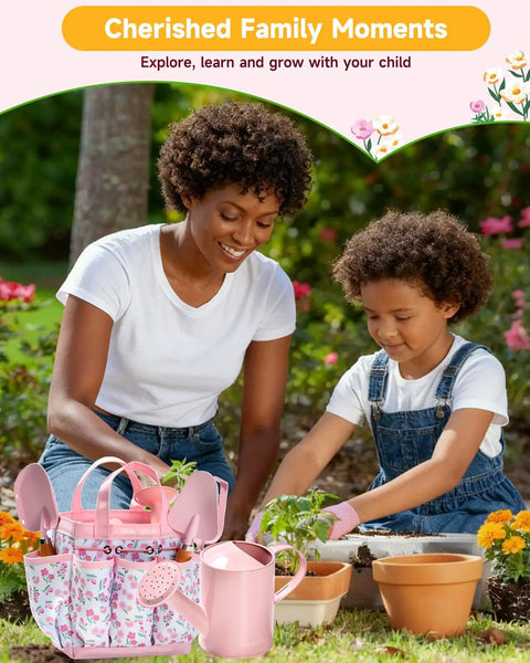 Mother and child gardening with Eight Piece Kids Gardening Tool Set With Shovel Rake Watering Can Hat Apron Gloves And Storage Bag Pink Flower Theme Real Tools For Toddlers And Kids In A Fun Handcrafted Style.