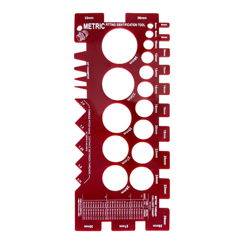 Field Ready Thread Identification Kit With Adaptall Gauges For BSPP BSPT JIS Metric DIN Kobelco And Komatsu Threads Pro Grade Durable Build For Quick In Field Or Shop Verification And An Organized User Friendly Layout. red metric thread identification gauge with pitch chart