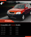 Red Honda CR-V on road, compatible with 12-Piece Front Suspension Kit With Upper Control Arm, Sway Bar Links, Lower Ball Joint, Inner Outer Tie Rod Ends, And Rack And Pinion Boot For Honda CR-V 1997 1998 1999 2000 2001 2.0L L4 Bolt-On Ready