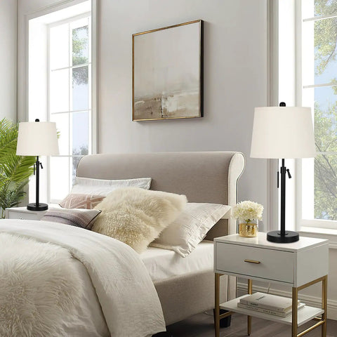 Bedroom scene with Bedside Table Lamps Set Of 2, Tall Black Nightstand Lamps, height adjustable 22-30 inches, white drum shades, on nightstands.