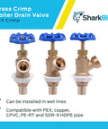 Go-To Brass Crimp Boiler Drain Valve 3/4 Inch By 3/4 Inch MHT With Garden Hose Outlet, multi-turn shutoff, three valves shown