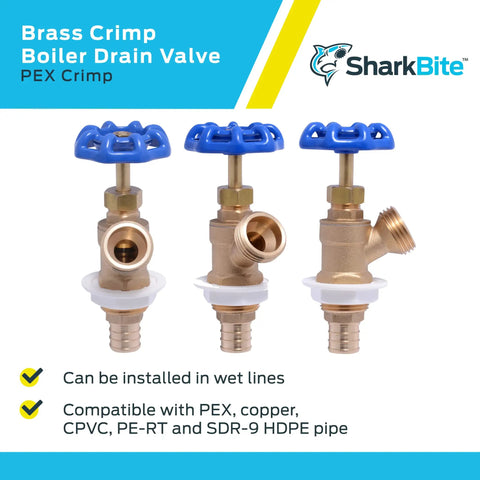 Go-To Brass Crimp Boiler Drain Valve 3/4 Inch By 3/4 Inch MHT With Garden Hose Outlet, multi-turn shutoff, three valves shown