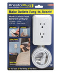 Packaging of Presto Plug Outlet Extender For Reaching Hidden Outlets With A 6 Foot Cord Peel And Stick On Wall No Wiring No Tools Surge Protected