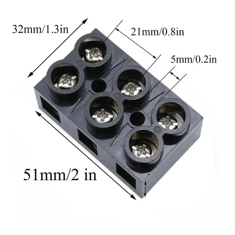 Lyot 500V 60A 3 Position Double Row Screw Terminal Block with measurements in millimeters and inches.