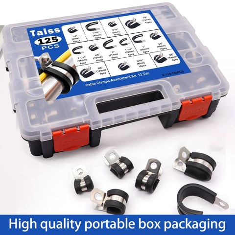 125Piece Cable Clamps Assortment Kit in 12 Sizes in portable box with clamps displayed, ideal for auto shop garage projects