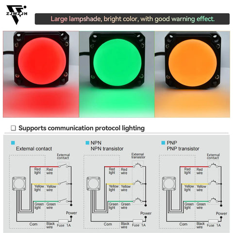 24V DC And AC LED Signal Tower Light With Red Green Yellow Three Colors, wiring diagram, square 24V mount