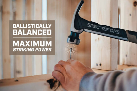 Nailing Hammer With Magnetic Nail Starter And Rip Claw 20 Oz Ballistically Balanced For Maximum Power Sniper Smooth in use on wood