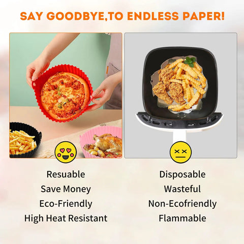 Comparison of using a Reusable Silicone Air Fryer Liners Set Of 3, 8.5 Inch Round Basket Liners versus disposable paper in air fryers.