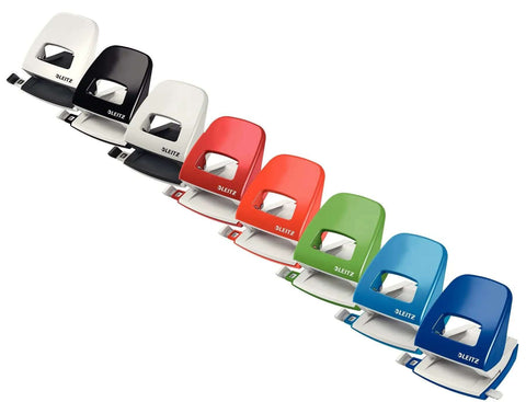 Assorted colors of Two Hole Punch for 30 Sheets, Metal Office Workhorse With Guide Bar and Format Markings, Black NeXXt Range