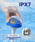 Hand holding Floating Solar Pool Thermometer with Digital Readout, IPX7 Waterproof, Fog Resistant for pool water