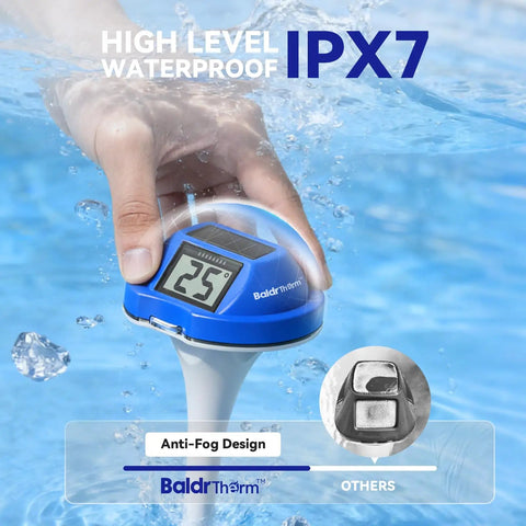 Hand holding Floating Solar Pool Thermometer with Digital Readout, IPX7 Waterproof, Fog Resistant for pool water
