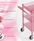 Rock Solid Heavy Duty Pink Metal Rolling Cart With Three Roomy Shelves And Smooth Rolling Wheels showing ergonomic handle and wire shelves.
