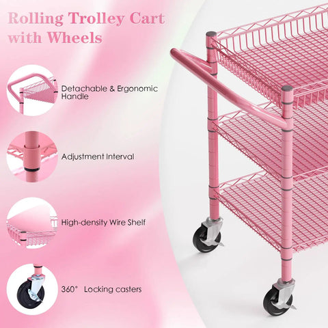 Rock Solid Heavy Duty Pink Metal Rolling Cart With Three Roomy Shelves And Smooth Rolling Wheels showing ergonomic handle and wire shelves.